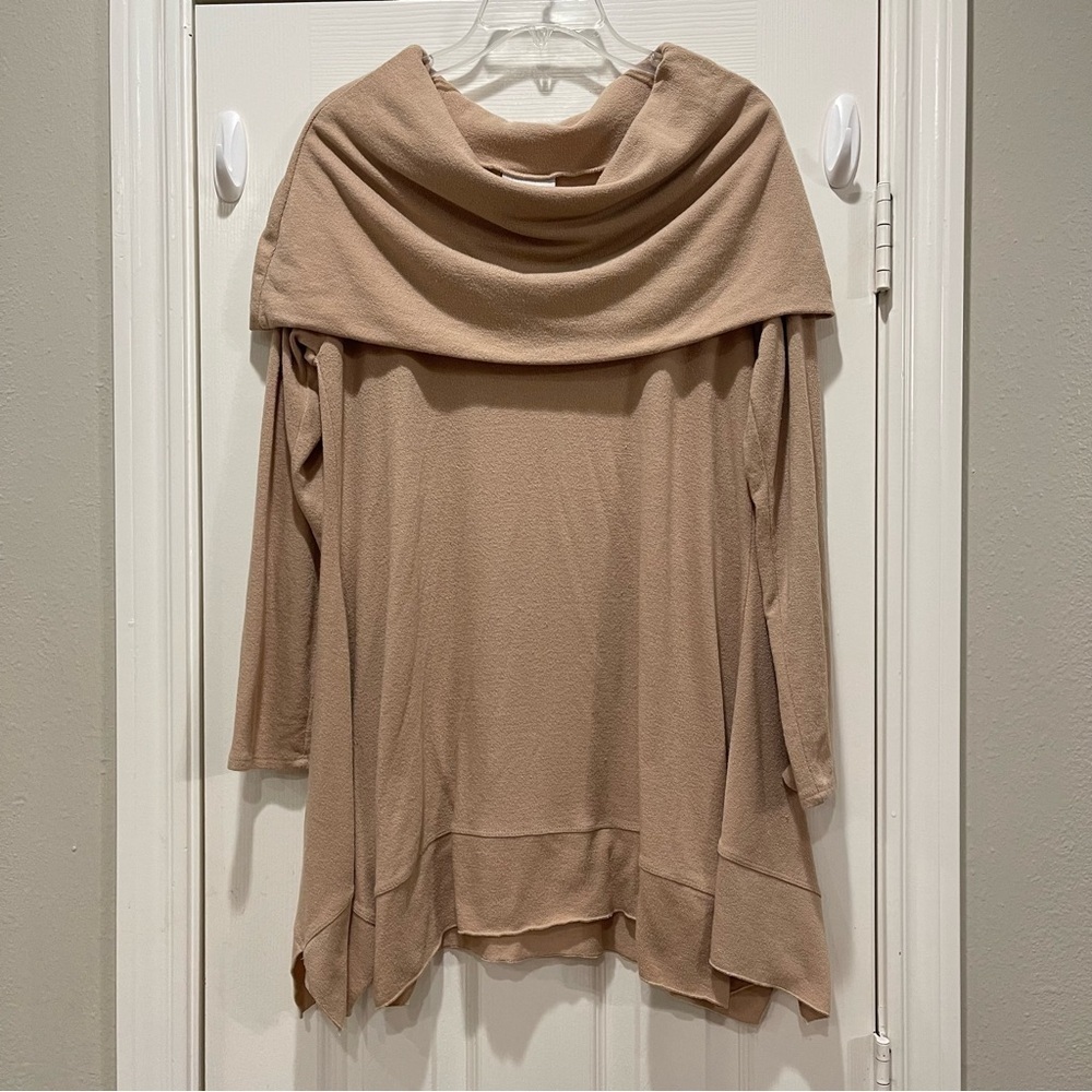 Soft Surroundings Sweater Women's Medium Cowl Neck Tan Tunic Off Shoulder Boho